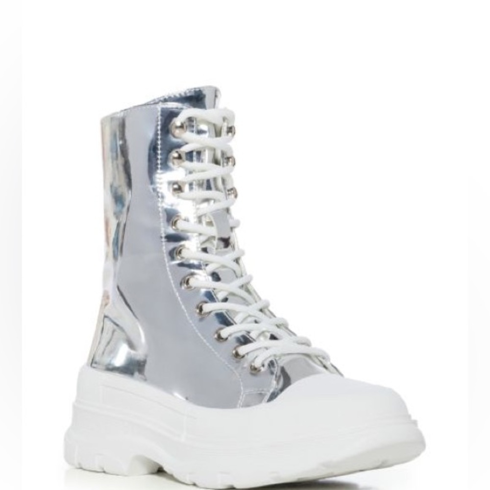 Azalea Wang Silver Mirror Metallic Patent Leather Lace Up Combat Booties - Picture 3 of 4